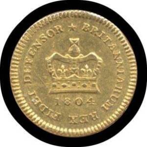 THIRD-GUINEA:&Acirc;&nbsp;George III 1804 (7/-), Second laureate head with short hair, rev. crown above date, S #3740, KM #650, gold (22ct, 2.78g), VF.