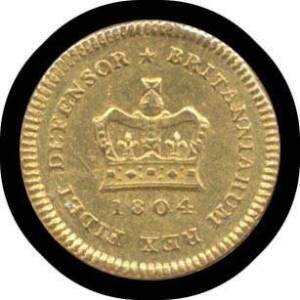 THIRD-GUINEA:Â George III 1804 (7/-), Second laureate head with short hair, rev. crown above date, S #3740, KM #650, gold (22ct, 2.78g), VF.