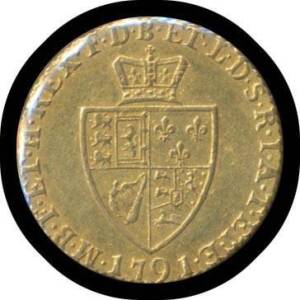 HALF-GUINEA:Â George III 1791, Fifth laureate head, rev. 'Spade' shaped shield, S #3735, KM #608, gold (22ct, 4.17g), gVF.