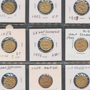 HALF SOVEREIGN:KEVII 1902-1910, (ex 1905), with 1902 x2, S #3974, KM #804, (total agw 1.0602 oz), condition varied, F-EF.