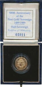 HALF SOVEREIGN: QEII 1989 Proof, '500th Anniversary of the First Gold Sovereign', obv. King enthroned in majesty, rev. Shield of the Royal Arms ensigned by an open Royal Crown, cased with certificate.