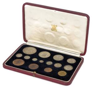 KGVI: 1937 Fifteen coin Proof set, Farthing to Crown with Maundy, matching tone on the silver, bronze and brass with good subdued lustre, issued case in good condition.