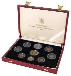 QEII: 1981 'United Kingdom Commemorative Proof Coin Collection', cased 9 coin set comprising &Acirc;&frac12;p 1p 2p 5p 10p 50p, silver Charles & Diana Crown (25p), gold Sovereign (&Acirc;&pound;1) and gold &Acirc;&pound;5 St. George reverse, (agw 1.412oz), the&Acirc;&nbsp;&Acirc;&pound;5 shows evidence of being ha