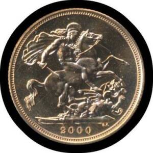 QEII:&Acirc;&nbsp;2000 Proof Sovereign, Fourth Portrait, Head with Tiara, St.George reverse, KM #1002PF.