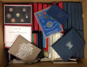 QEII: 1971-1990 Uncirculated sets (32), 1983-90 Proof Sets (24 including x13 red leather de-luxe sets), some duplicates, alsoÂ Â£1 Unc packs (11) and some commemorative Crowns.