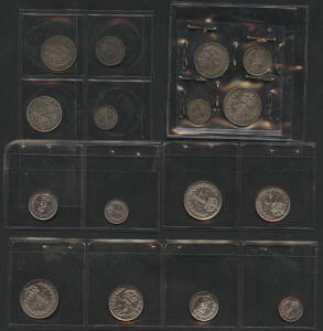 MAUNDY SETS: Silver 1d 2d 3d & 4d, KEVII 1902, (the 2d with partial discolouring), KGV 1911, and QEII 1956, Unc.