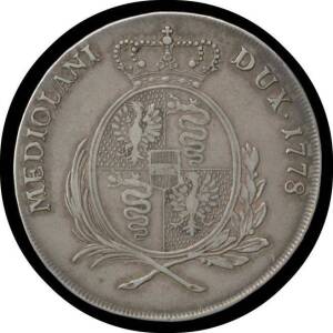 MILAN:Â Maria Theresa, 1778 Silver Scudo (Lire), KM #192, Veiled head to right, rev. Crowned oval sheild with four-fold arms with central shield, 'MEDIOLANI - DUX', (0.896 silver 23.03g) aVF.