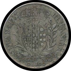 NAPLES:&Acirc;&nbsp;Ferdinando IV, 1785BP/C-CC, Silver 100 Grana, KM #190, large armoured bust to right, 'FERDINAN.D.G.SICILIAR.ET.HIE.REX', rev. 'HISPANIAR - INFANS 1785', Oval shield of 6-fold arms, with central shield, in baroque frame, between palm and laurel br