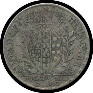 NAPLES:Â Ferdinando IV, 1785BP/C-CC, Silver 100 Grana, KM #190, large armoured bust to right, 'FERDINAN.D.G.SICILIAR.ET.HIE.REX', rev. 'HISPANIAR - INFANS 1785', Oval shield of 6-fold arms, with central shield, in baroque frame, between palm and laurel br