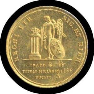 NAPLES:Â Ferdinand II, 1854 3 Ducati, Gold Trade Coinage, KM#367, Portrait facing right, 'FERDINANDVS II DIE GRATIA REX', rev. 'REGNI VTR SIC. ET HIER.' standing figure of the standing Bourbon Genius, crown on column at left, oval shield at right, 3 line 