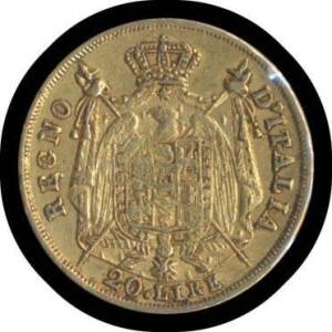 KINGDOM OF NAPOLEON:Â 1811 Gold 20 Lira, KM #11, Napoleon facing left, rev. shield on eagle within crowned mantle, 'REGNO D'ITALIA', (0.900 6.45g), gF.