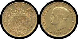 KINGDOM OF NAPOLEON: 1810 Gold 40 Lira, KM #12, Napoleon facing left, rev. shield on eagle within crowned mantle, 'REGNO D'ITALIA', (0.900 12.9g), gVF.