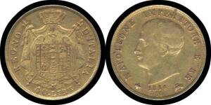 KINGDOM OF NAPOLEON:Â 1814 Gold 40 Lira, KM #12, Napoleon facing left, rev. shield on eagle within crowned mantle, 'REGNO D'ITALIA', (0.900 12.9g), VF.