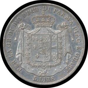 PARMA: Maria Luigia, 1815 5 Lira, KM C#30, Crowned head left, 'MARIA LUIGIA PRINC. IMP. ARCID. D'AUSTRIA' rev. Crowned mantle shield above value, (silver 24.96g), edge knocks at 3 & 9 o'clock, otherwise EF.