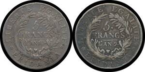 PIEDMONT REPUBLIC: (SUBALPINE REPUBLIC) Silver 5 Francs, 'L'AN 9' (1801) and 'L'AN 10' (1802), KM C#4, Standing figures with Liberty Cap on pole, legend 'GAULE SUBALPINE', rev. value within wreath, legend 'LIBERTE EGALITE *ERIDANIA*', both aFine/Fine. [Sc