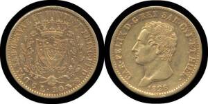 SARDINIA: Carlo Felice, 1828P Gold 20 Lira, mm. eagle head, KM #118.2, Portrait facing left, 'CAR. FELIX D. G. REX SAR. CYP. ET HEIR', crowned spade shaped shield of four point arms, central shield of Savoy eagle between two oak branches, collar of order 