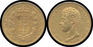 SARDINIA: Carlo Alberto, 1832 Gold 100 Lira, KM #133.2, mm. anchor, portrait facing left, rev. legend 'CAR. ALBERTVS D. G. REX SARD. CYP. ET HEIR' surrounding crowned shield of Savoy Arms between two laurel branches, collar of order suspended below, 'L.10