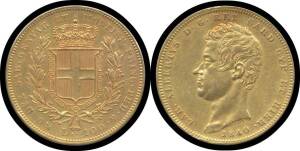 SARDINIA: Carlo Alberto, 1840 Gold 100 Lira, KM #133.1, mm. anchor, portrait facing left, rev. legend 'CAR. ALBERTVS D. G. REX SARD. CYP. ET HEIR' surrounding crowned shield of Savoy Arms between two laurel branches, collar of order suspended below, 'L.10