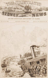 1878 engraving "The Intercolonial Sculling Championship - Messenger against Laycock - Scene on the Parramatta River", front page of 'The Illustrated Sydney News', window mounted, overall 43x55cm.