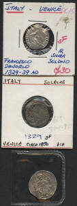 VENICE:&Acirc;&nbsp;Francesco Dandolo, Silver Grosso ND (1329-39), 'IC XC' Christ seated on throne, rev. 'IA9 TARIN DVX [S M VE]NETI', doge standing left, 'DUX' vertically at top, St. Mark right, a little clipped, (21mm 2.2g), VF, plus Soldino (x2), doge standing le