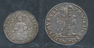 VENICE:Â Giovanni Mocenigo, SilverÂ Â½ LiraÂ ND (1478-85), vertical 'DUX' - 'IO.MOCENIGO - .S.M.VENETI'Â rev. 'GLORIA TIBI SOLI'Â Christ seated on throne, aVF and 6 Soldi (33mm 6.37g), VF.