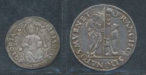 VENICE:&Acirc;&nbsp;Giovanni Mocenigo, Silver&Acirc;&nbsp;&Acirc;&frac12; Lira&Acirc;&nbsp;ND (1478-85), vertical 'DUX' - 'IO.MOCENIGO - .S.M.VENETI'&Acirc;&nbsp;rev. 'GLORIA TIBI SOLI'&Acirc;&nbsp;Christ seated on throne, aVF and 6 Soldi (33mm 6.37g), VF.