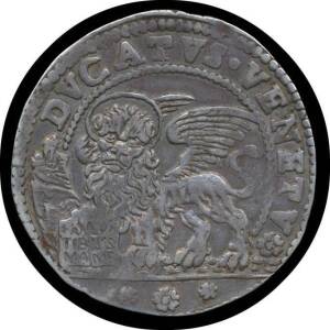 VENICE: Silver Ducat (ND) Domenico Contarini, (1659-74) and Alvire Cantarini, (1678-83)&Acirc;&nbsp;St. Mark, seated on throne, gives blessing, his left hand the standard surmounted by a cross, to the Doge kneeling down, rev. winged lion with nimbus to left, front p