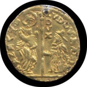 VENICE: Gold Zecchino (ND), obv. St.Mark standing at left presenting staff with cross and 'DUX' vertically at top to doge kneeling at right, 1. Giovanni Corner II (1709-22), legend 'IOAN. [COR]NEL -S.M.VENET.', KM #481 (3.19g) Fine, plus 2. another, Poor,