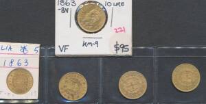 Vittorio Emanuele II: 1863 Gold 5 Lira, and 10 Lira x4, total agw 0.4199oz,&Acirc;&nbsp;condition varied,&Acirc;&nbsp;