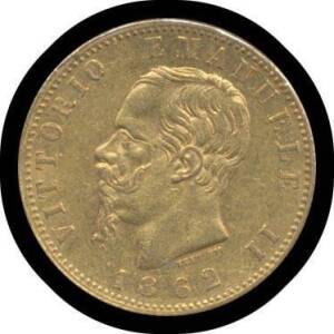 Vittorio Emanuele II: 1862 Gold 20 lira, KM #10.1 (0.900Â 6.45g), total agw 0.1867oz, gVF.