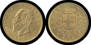 Vittorio Emanuele II: 1865 Gold 20 lira, KM #10.1,Â (0.900Â 6.45g), total agw 0.1867oz, EF.