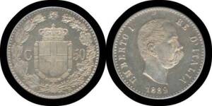 Umberto I: 50 Centesimi, 1889R, KM #26, aUnc. (Cat for MS60 US$1000)