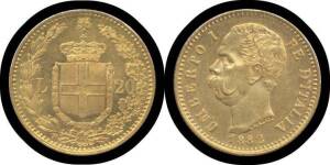 Umberto I: 1882 Gold 20 lira, KM #21,Â (0.900 6.45g), total agw 0.1867oz, EF.