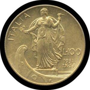 Vittorio Emanuele III:Â 1931-IX Gold 100 lira, KM #72 (0.900 8.80g), rev. female on prow of boat, tiny 'v' notch on rim of obverse otherwise, Unc, Cat. (MS60) US$2000.
