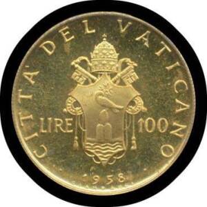 VATICAN CITY:Â PIUS XI, 1958/XX Gold 100 Lira, KM #A53, (0.900 5.19g), mintage 3000, Unc, Cat. US$1000.