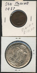 SAN MARINO:Â 1935R Silver 20L, KM #11 (0.800 15g), and 1937 10 Centisimi, KM #13, both aUnc/Unc.