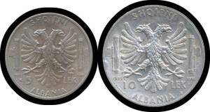 ALBANIA - ITALIAN OCCUPATION WWII: Vittorio Emanuele III,Â 0.05L 1940; 0.10L 1940-41; 0.20L 1939Â magnetic type, 1940-41; 0.50L 1939Â non-magneticÂ & 1941; 1939 1L & 2LÂ non-magnetic; silver 5L & 10L,Â KM #27-34, condition varied, gVF-aUnc.