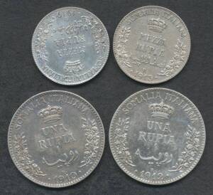 ITALIAN SOMALILAND:&Acirc;&nbsp;Vittorio Emanuele III, Mezza Rupia (&Acirc;&frac12; Rupee), 1913 & 1919 KM #5, Una Rupia (1 Rupee), KM #6, 1910 & 1912 (cleaned), condition varied, VF-gVF.