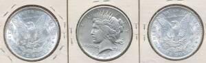 ONE DOLLAR: $1 1881 & 1896 'Morgan Dollar', KM #110, 1921 Peace Dollar, KM #150, F.Â 