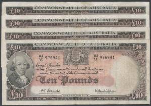 QEII Coombs/Wilson group withÂ Â£1 Commonwealth Bank, prefix 'HF/05',Â Â£5 Reserve Bank, 'TC/83' & 'TC/88' andÂ Â£10 Reserve Bank, 'WA/40' x2 (one with 5mm tear), 'WA/36' and 'WA/38', condition varied, F-VF.