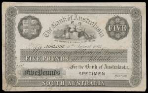 SOUTH AUSTRALIA:&Acirc;&nbsp;1863-76 &Acirc;&pound;5 The&Acirc;&nbsp;Bank of Australasia, 'Adelaide 11th August 1863' black uniface, 'SPECIMEN' lower right, 'Perkins, Bacon & Co. London Patent Hardened Steel Plate' above 'SOUTH AUSTRALIA' within machine turnings and pencil manuscript 'Jun