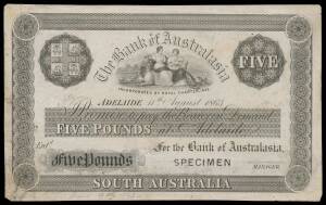 SOUTH AUSTRALIA:Â 1863-76 Â£5 TheÂ Bank of Australasia, 'Adelaide 11th August 1863' black uniface, 'SPECIMEN' lower right, 'Perkins, Bacon & Co. London Patent Hardened Steel Plate' above 'SOUTH AUSTRALIA' within machine turnings and pencil manuscript 'Jun