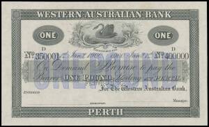 WESTERN AUSTRALIA: 1879-1911,Â Â£1 Western Australia BankÂ Perth printers specimen record proof, RenniksÂ #MVR 3c, black on blue underprint, '1st JANy 1900', serials 'No.350001' / 'No.400000', punctured 'SPECIMEN' (reversed) lower right, 'BRADBURY WILKINS