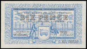 INTERNMENT CAMPS: HAY - SIX PENCE: 6d blue and black, Campbell #1212a, M. MendalÂ /Â R. Stahl serial 'C 39158', three light vertical paper bends, EF.