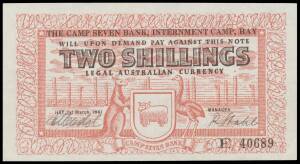 INTERNMENT CAMPS: HAY - TWO SHILLINGS: 2/- red and black, Campbell #1214a, M. Mendel/R.Stahl serial 'E 40689', light corner crease, three light vertical folds, EF, Renniks Cat $10,000.