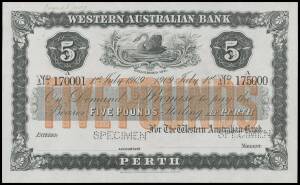 WESTERN AUSTRALIA:Â 879-1911 Â£5 Western Australia Bank Perth printers specimen record proof, Renniks #MVR 3c, serials 'No.170001' / 'No.175000' dated '1st July 1909', double 'SPECIMEN' puncture reading from the obverse at lower left and right, 'BRADBURY