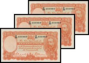 TEN SHILLINGS: KGV 1936 10/-Â Riddle/SheehanÂ Consecutive trio,Â McDÂ #19, R #11, serials 'D/35 555983' - '985', Unc. [ Consecutive runs for this KGV issue are rare and seldom offered at auction.]