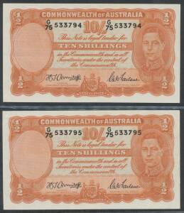 TEN SHILLINGS: KGVI 1942 10/- Armitage/McFarlane, McD #21, consecutive pair, serials 'G/75 533794-795', Unc.