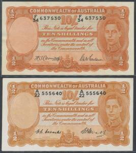 TEN SHILLINGS: KGVI 1942 10/- Armitage/McFarlane, McD #21, serial 'F/34 637530' and 1949 Coombs/Watt 'A/22 555640', both with light vertical folds, VF/gVF.