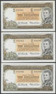 TEN SHILLINGS:Â 10/- Flinders, Coombs/Wilson,Â McD #25 Reserve Bank, Prefix 'AG/43' pair and single 'AG/00', centre pay packet bends, EF.